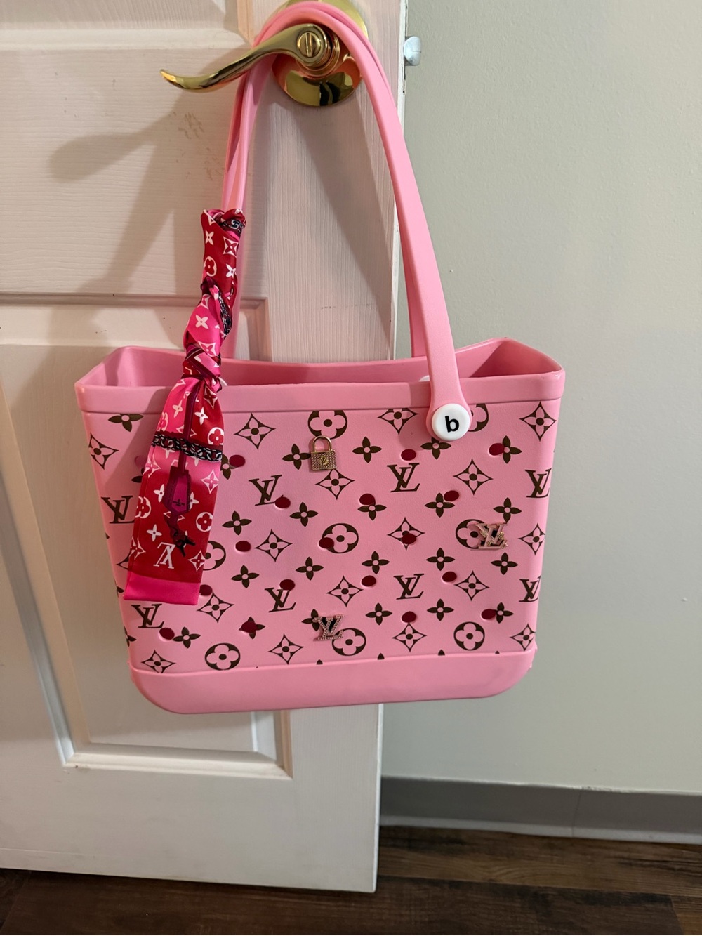 Pink Tote with Red Accent Scarf